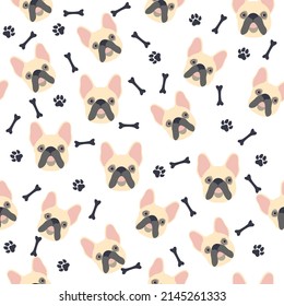 Pug or bulldog. Seamless pattern with cute cartoon dogs bulldog or pug muzzles