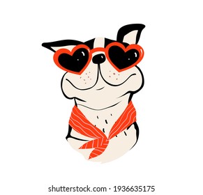 Pug or bulldog wearing sunglasses in heart shape and a red scarf illustration, cute animal design of funny smiling happy dog. Vector dog for kids illustration.