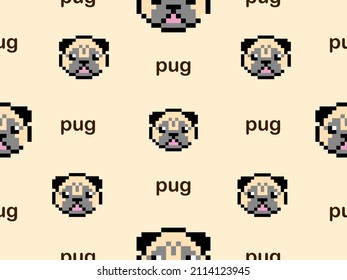 Pug cartoon character seamless pattern on yellow background.Pixel style