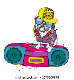 Pug and cassette tape recorder. Funny puppy and music. Vector illustration. Hipster dog.