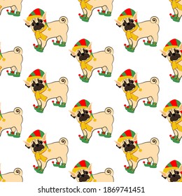 Pug in christmas costume seamless pattern on the white background. Vector illustration