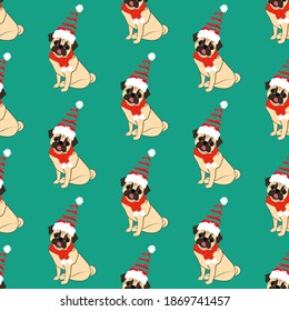 Pug in christmas costume seamless pattern on the green background. Vector illustration