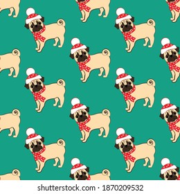 Pug in christmas costume seamless pattern on the green background. Vector illustration