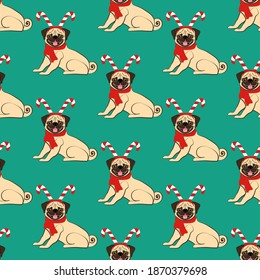 Pug in christmas costume seamless pattern on the green background. Vector illustration