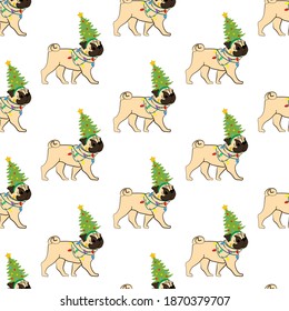Pug in christmas costume seamless pattern on the white background. Vector illustration