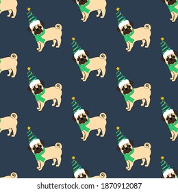 Pug in christmas costume seamless pattern on the blue background. Vector illustration