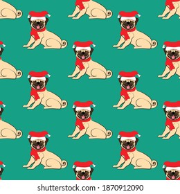 Pug in christmas costume seamless pattern on the green background. Vector illustration