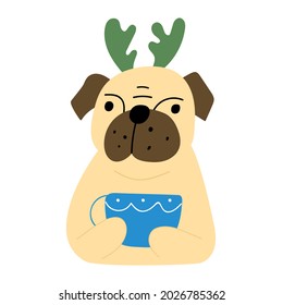 Pug with Christmas deer horns hold blue mug. Illustration on white background.