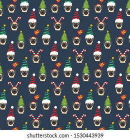 Pug in christmas hat seamless pattern on the blue background. Vector illustration