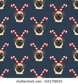 Pug in christmas hat seamless pattern on the blue background. Vector illustration