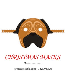 Pug Christmas mask for party and carnival. 2018 year of dog. Isolated on white background. Vector illustration.