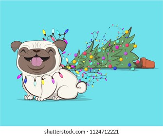 Pug with Christmas tree