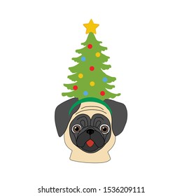 Pug in christmas tree costume illustration on the white background. Vector illustration