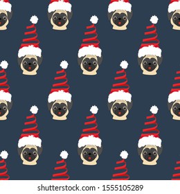 Pug in christmas tree costume seamless pattern on the blue background. Vector illustration