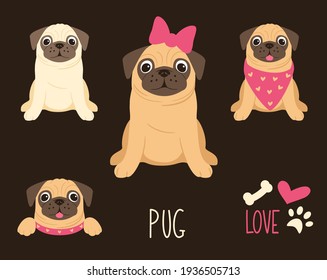 Pug clip art. Funny cute dogs. Pet cartoon vector illustrations. 