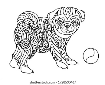 Pug coloring book. Drawing of a dog. Hand-drawn coloring book for children and adults. Beautiful drawings with patterns and small details. See more coloring pages in the collections. Vector 