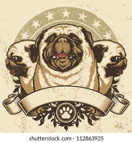 Pug Crest Design. Vector illustration of three purebred pug dogs (front and profile view) sitting proudly over a grunge banner and floral design elements.