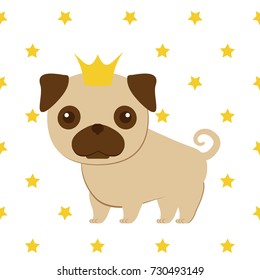 Pug with crown on his head with stars