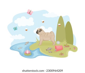 Pug. Cute cartoon-style pug stands near the lake, butterflies and bees fly around it. Pug in nature. Vector illustration