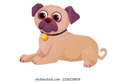 Pug cute, comic dog puppy with collar and golden coin in cartoon style isolated on white background.