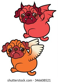 Pug cute puppies Angel and Demon vector cartoon illustration - Pug-dog isolated on white background