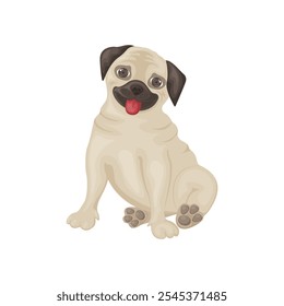 A pug. Cute pug puppy in cartoon style. The happy pug is sitting with his tongue hanging out. Vector illustration isolated on a white background