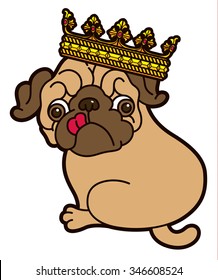 Pug cute puppy in the crown vector cartoon illustration - Pug-dog isolated on white background