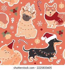 Pug, Dachshund, Corgi, and Pomeranian with Christmas elements. Cute festive dogs seamless pattern. Hand-drawn vector illustration in trendy colors.