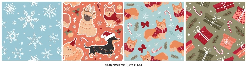 Pug, dachshund, corgi, and pomeranian with winter elements. Set of cute festive seamless patterns with dogs. Hand-drawn vector illustration in trendy colors.