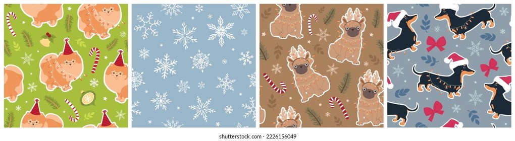 Pug, dachshund, and pomeranian with Christmas elements. Set of cute festive seamless patterns with dogs. Hand-drawn vector illustration in trendy colors.