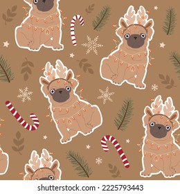 Pug in deer antlers with Christmas elements. Cute festive dogs seamless pattern. Hand-drawn modern vector illustration.