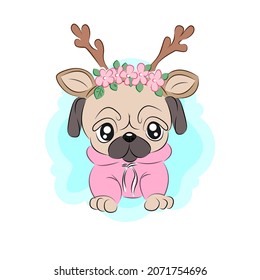 Pug with deer antlers new year card vector graphics for textile decoration packaging of t-shirts for zoos New year greeting card with cute pug in cut out style Cartoon dog Vector illustration.