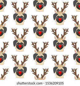 Pug in deer costume seamless pattern on the white background. Vector illustration