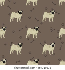 Pug dog asian breed colorful vector background  foot print and bone