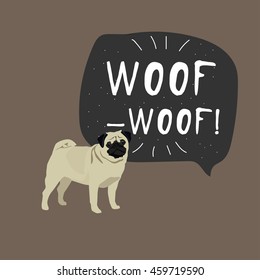 Pug dog asian breed colorful vector background with banner woof