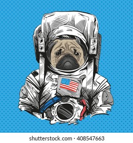 Pug dog in astronaut suit. Hand drawn vector illustration