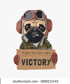 pug dog aviator holding victory cardboard illustration