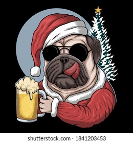 Pug dog beer wearing a santa costume for christmas vector illustration for your company or brand