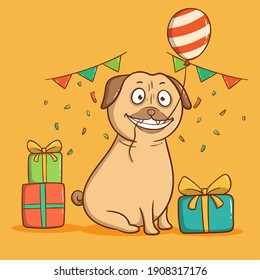 pug dog in birthday party. happy birthday greeting card