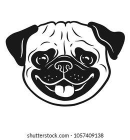 Pug dog black and white hand drawn cartoon portrait. Funny happy smiling pug face. Dogs, pets themed design element, icon, logo.