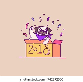 Pug dog in a box celebrating new 2018 year flat vector illustration