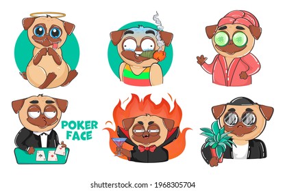 Pug dog cartoon character sticker set. Flat vector illustration. Funny puppy in different roles with attributes isolated in white background. Dog, pet, animal concept for t-shirt, poster, banner