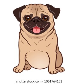 Pug dog cartoon illustration. Cute friendly fat chubby fawn sitting pug puppy, smiling with tongue out. Pets, dog lovers, animal themed design element isolated on white.