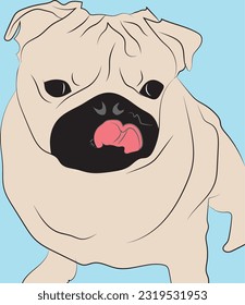 Pug dog cartoon illustration. Cute friendly fat pug , smiling with tongue out. Pets, dog lovers, animal themed design element isolated on white.