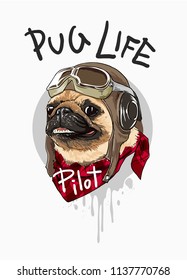 pug dog cartoon in vintage aviator costume