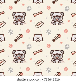 Pug Dog And Cat With Bone, Fish Bones, Paw Prints And Ball Seamless Pattern Vector Background