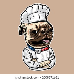 Pug dog chef vector illustration with vintage style isolated on background