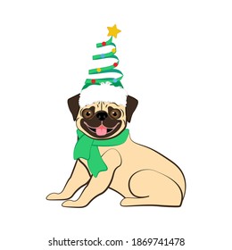 Pug dog in christmas costume on the white background. Vector illustration