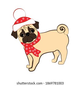Pug dog in christmas costume on the white background. Vector illustration