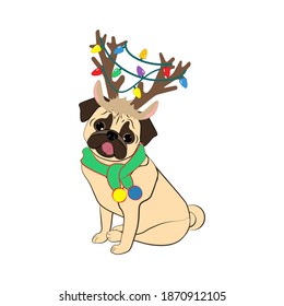 Pug dog in christmas costume on the white background. Vector illustration